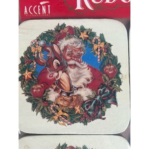 Rudolph & Santa Holiday Coasters Set of 8 Cork Montgomery Ward 1993 vintage - Picture 2 of 2